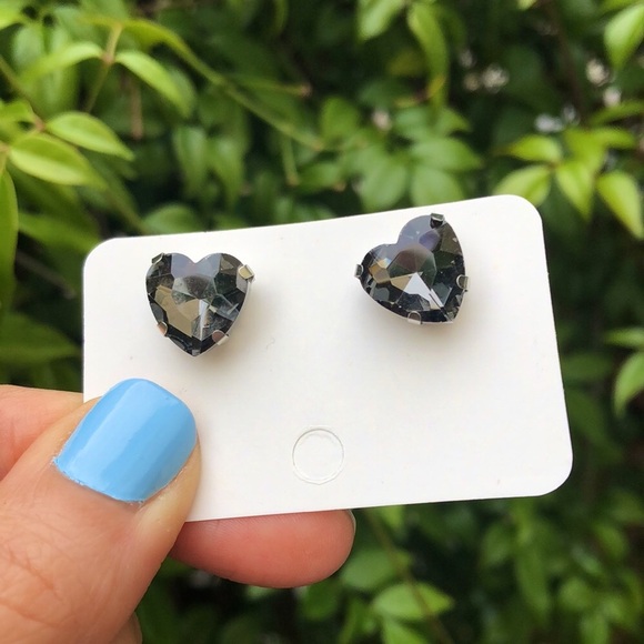 Jewelry - Black Diamond + Silver Crystal Heart Earrings